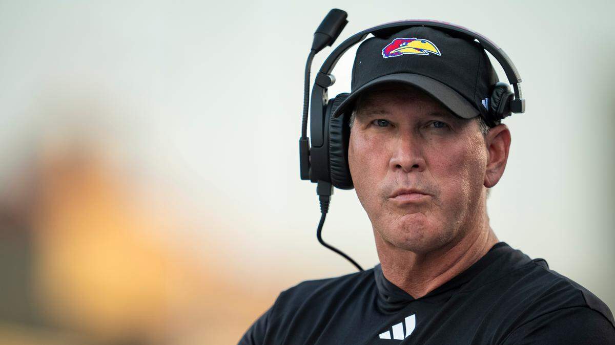 Kansas Jayhawks head coach Lance Leipold looks on from the sideline during the first half against the Illinois Fighting Illini at David Booth Kansas Memorial Stadium on Sept. 8, 2023.
