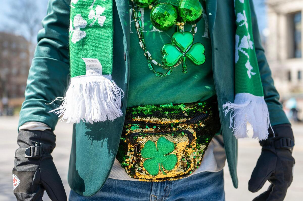 Joel McFarland sports a shamrock fanny pack during the Kansas City St. Patrick’s Day parade on Friday, March 17, 2023, in Kansas City.