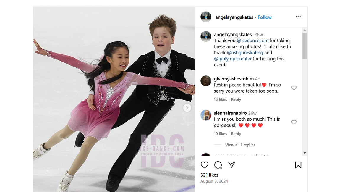 A screenshot of a photo of Angela Yang and Sean Kay skating together, from her Instagram account.