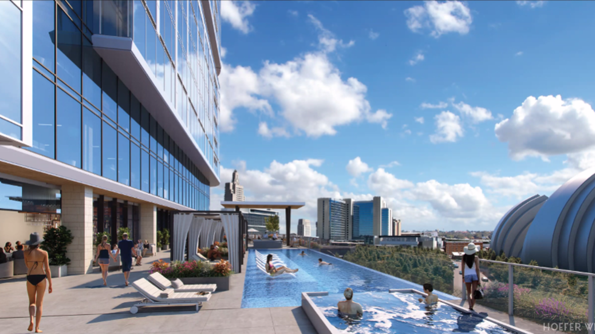 A rendering of a proposed new high-rise near the Kauffman Center in Kansas City’s Crossroads area.