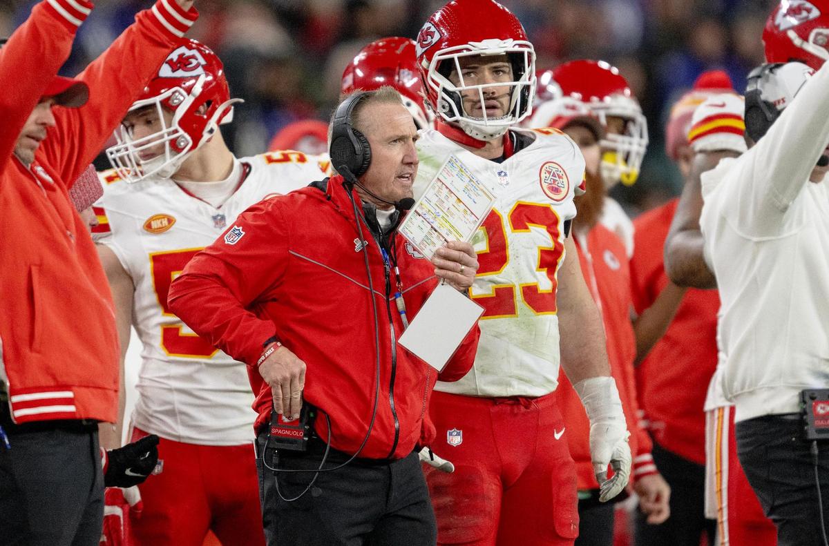 Kansas City Chiefs defensive coordinator Steve Spagnuolo calls a play against the Baltimore Ravens during the AFC Championship Game on Sunday, Jan. 28, 2024, in Baltimore.