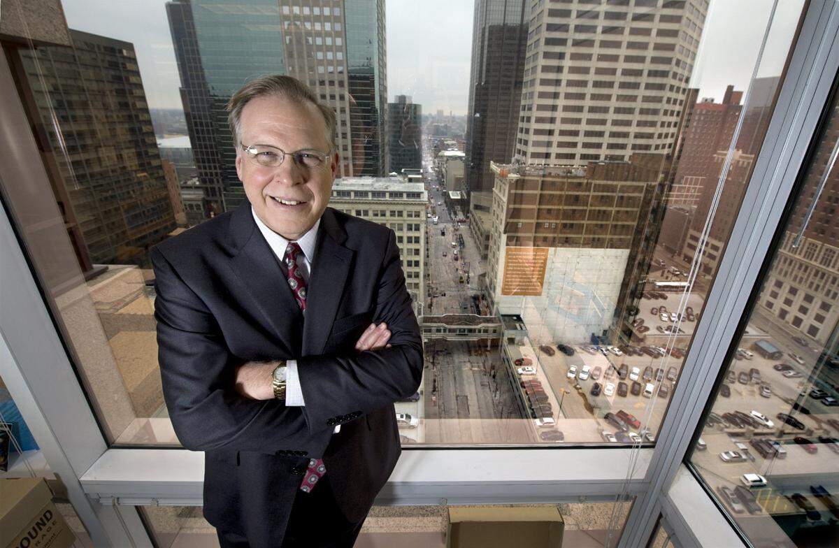 Defense attorney J.R. Hobbs is pictured at his office near 10th and Walnut streets, overlooking downtown Kansas City. Hobbs is representing Scott Simkins in his embezzlement case.