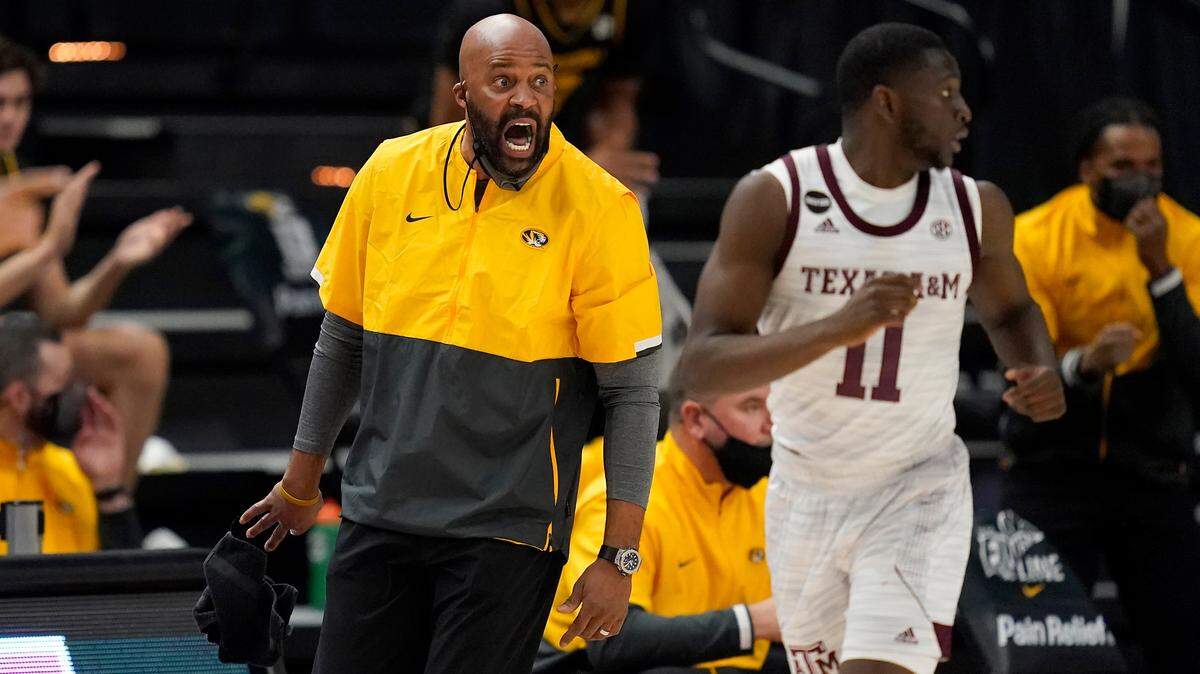 Missouri head coach Cuonzo Martin reacts as his team comes down court against Texas A&M during the second half of an NCAA college basketball game Saturday, Jan. 16, 2021, in College Station, Texas. (AP Photo/Sam Craft)