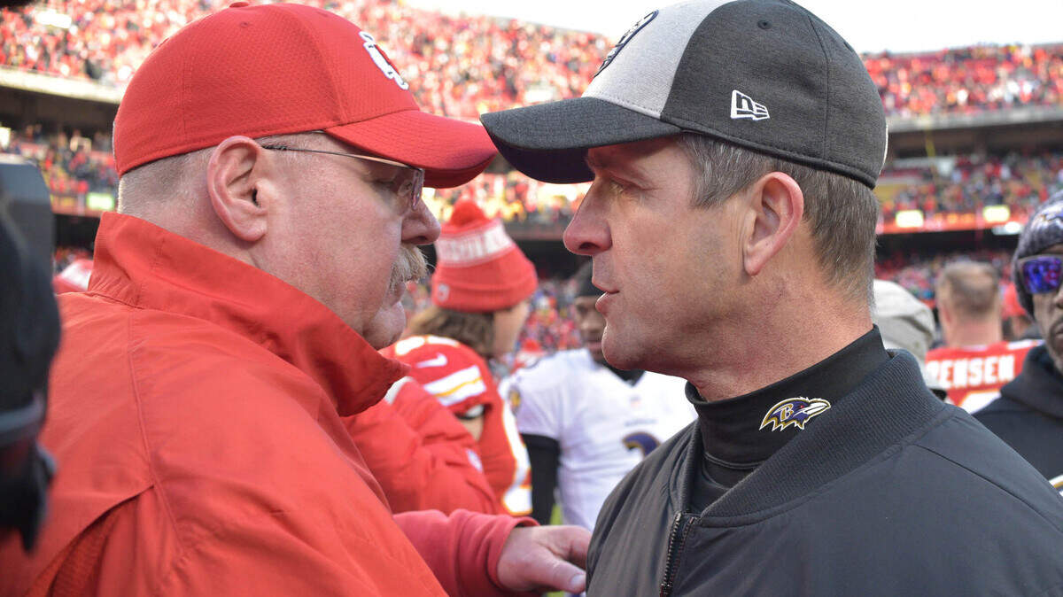 Dec 9, 2018; Kansas City, MO, USA; Kansas City Chiefs head coach Andy Reid talks with Baltimore Ravens head coach John Harbaugh after the game at Arrowhead Stadium. Mandatory Credit: Denny Medley-USA TODAY Sports
