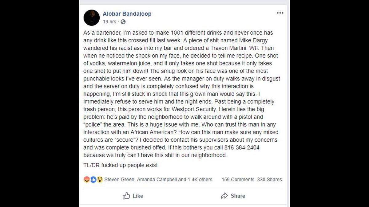 The Facebook post by Westport bartender Alobar Bandaloo
