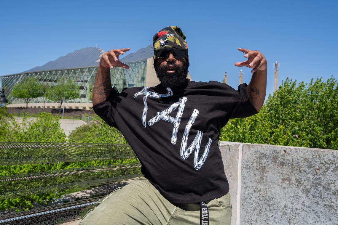 Tyrell Griffin, aka “KonWork,” shows off his moves on top of a parking garage in downtown Kansas City, on Thursday, April 23. His signature dance style called krumping originated in the Bay Area and migrated to Kansas City in the early 2000s.