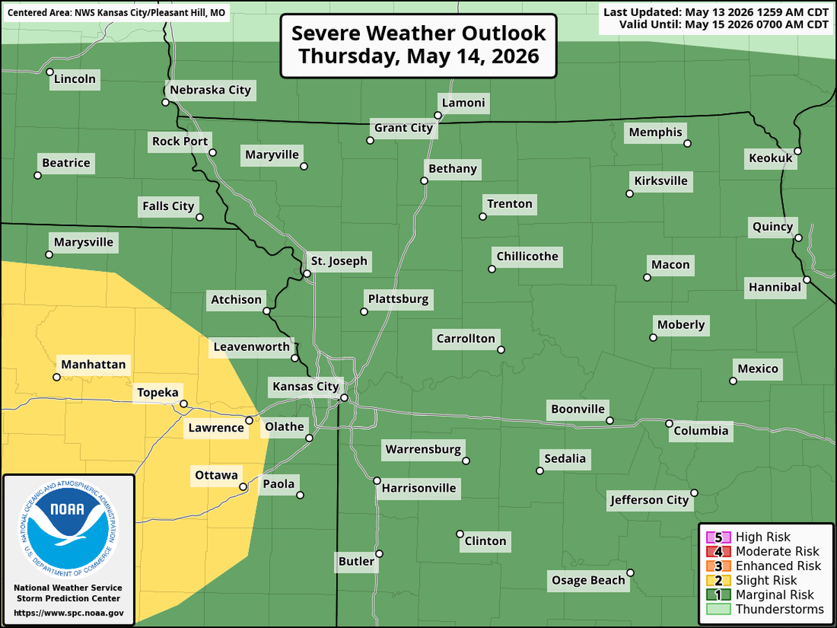 The Storm Prediction Center, part of the National Weather Service, has placed parts of central and eastern Kansas under a slight risk (Level 2 of 5) of severe weather on Thursday. The Kansas City area, and most of Missouri, are under a marginal risk (Level 1 of 5).
