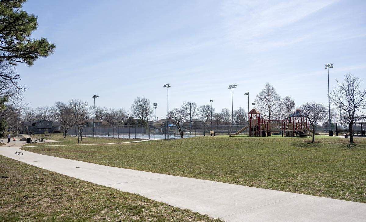 Two Trails Park, featuring a skate area, tennis courts and a playground is seen Friday, March 20, 2026, in Olathe.