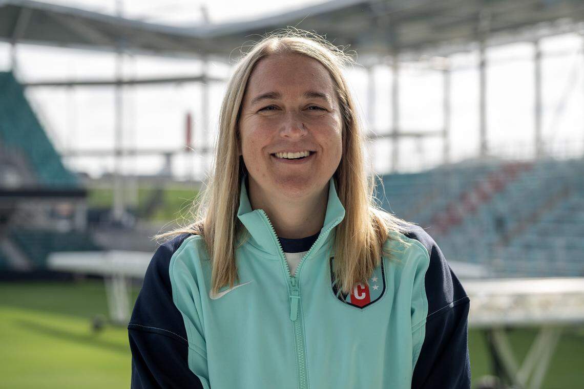 Missy Jenkins, senior vice president of commercial for the Kansas City Current, smiles at CPKC Stadium on Tuesday, April 14, 2026, in Kansas City.