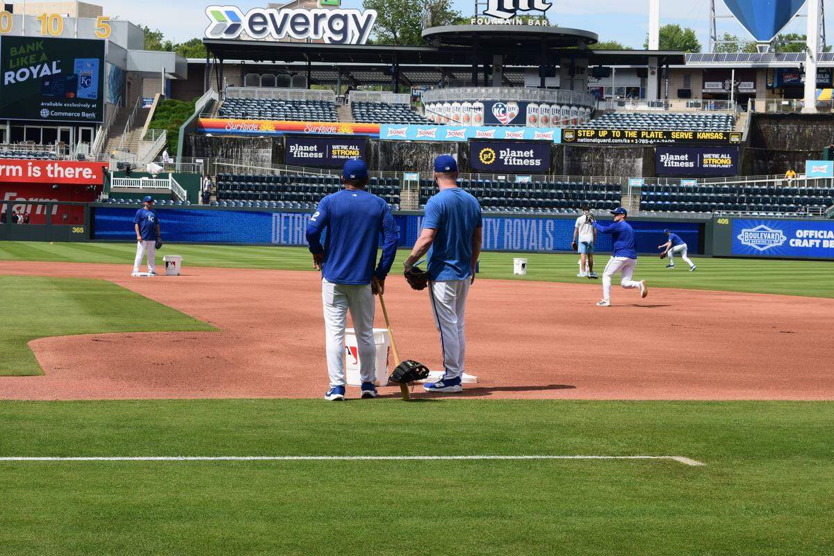 Kansas City Royals replay coordinator Bill Duplissea stands with his glove ready to field ground balls ahead of the Royals game on May 9, 2026 against the Detroit Tigers.