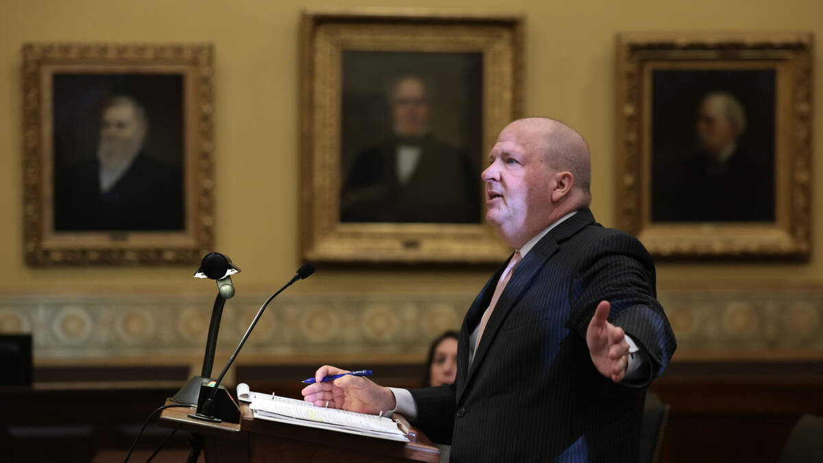Chuck Hatfield, an attorney for Missourians for Constitutional Freedom, argues before the Missouri Supreme Court on Tuesday, Sept. 10, 2024 in Jefferson City as the court hears a case questioning whether an abortion rights question will remain on the Nov. 5 ballot.