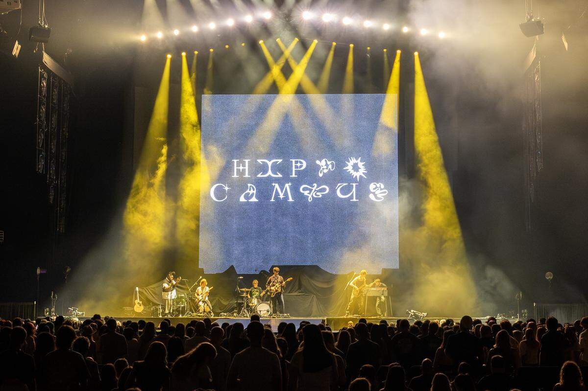 Hippo Campus performs as the opening act before The Lumineers during their Automatic World Tour at the T-Mobile Center on Saturday, July 26, 2025, in Kansas City.