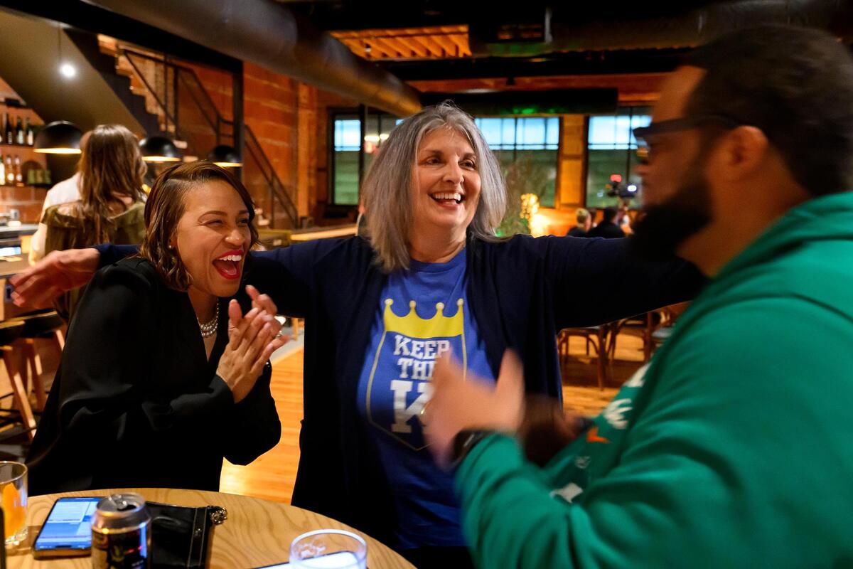 Becky Nace, center, spearheaded a campaign that defeated a Jackson County stadiums sales tax proposal in April 2024.