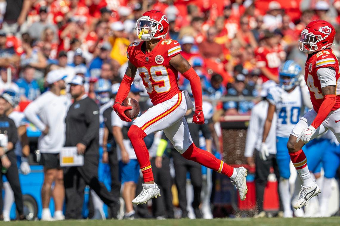 Kansas City Chiefs cornerback Keith Taylor Jr. (39) celebrates an interception against the Detroit Lions in the second quarter on Saturday.