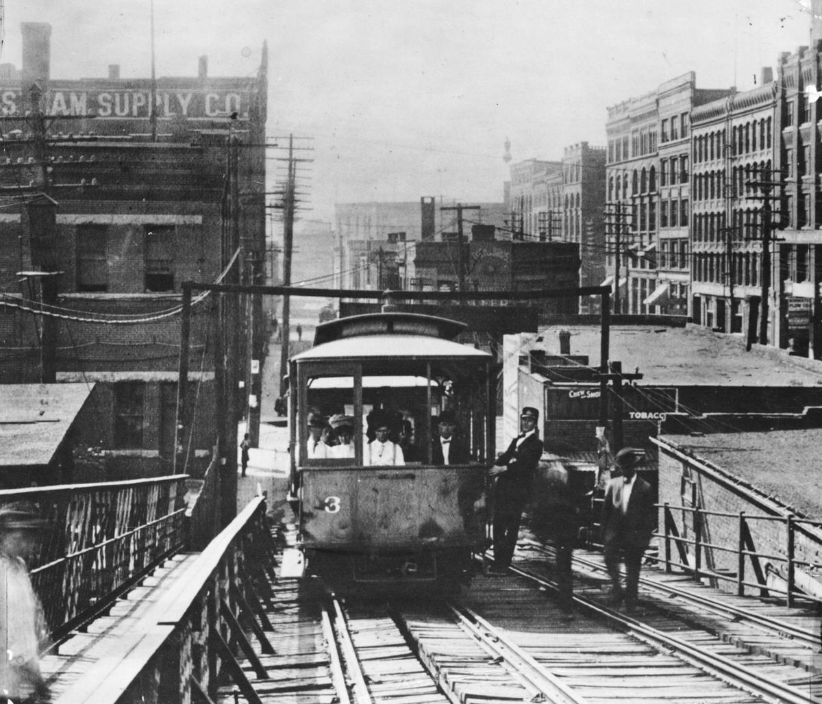 Cable car on the 12th Street incline. The slot between the tracks opened over the moving cable which pulled the cars along.