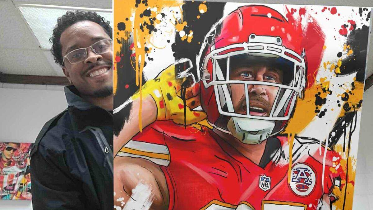 Local artist Deante Howard creates pieces that blend the colorful style of street art with realism to create works that capture the passion and intensity of players, particularly the Super-Bowl-winning Kansas City Chiefs.