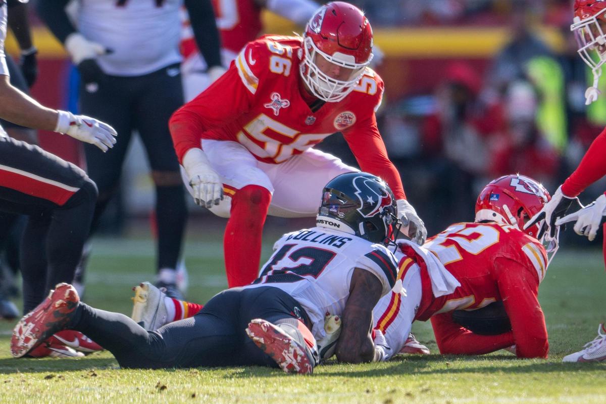 Kansas City Chiefs cornerback Trent McDuffie (22) intercepts a pass during the second quarter of an NFL game against the Houston Texans on Saturday, Dec. 21, 2024, at GEHA Field at Arrowhead Stadium.