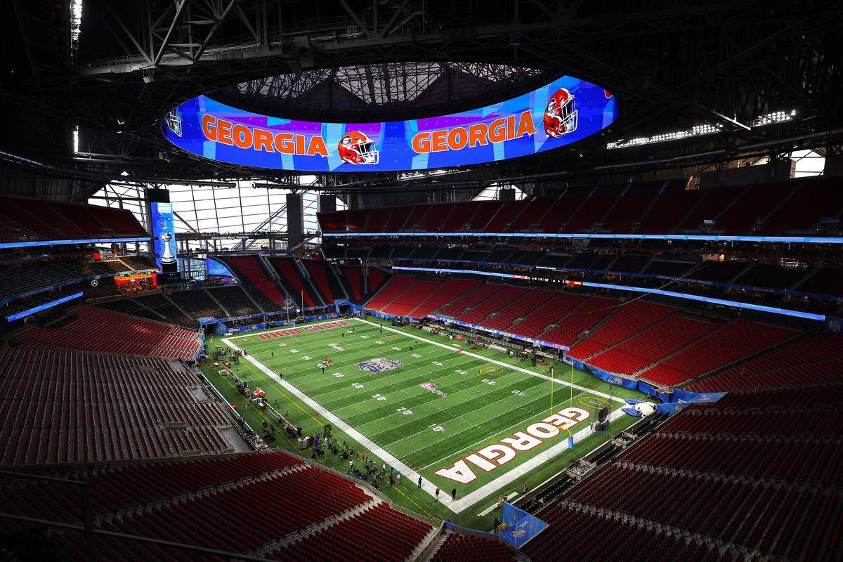 A view of the field of Mercedes-Benz Stadium in Atlanta before a 2022 bowl game. 