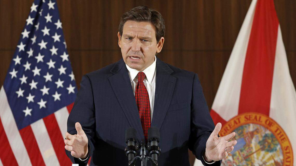 Florida Governor Ron DeSantis speaks during a press conference proposing anti-crime legislation to further cement Florida as the law and order state. DeSanits delivered his speech at the Miami Police Benevolent in Miami on Thursday, January 26, 2023. 