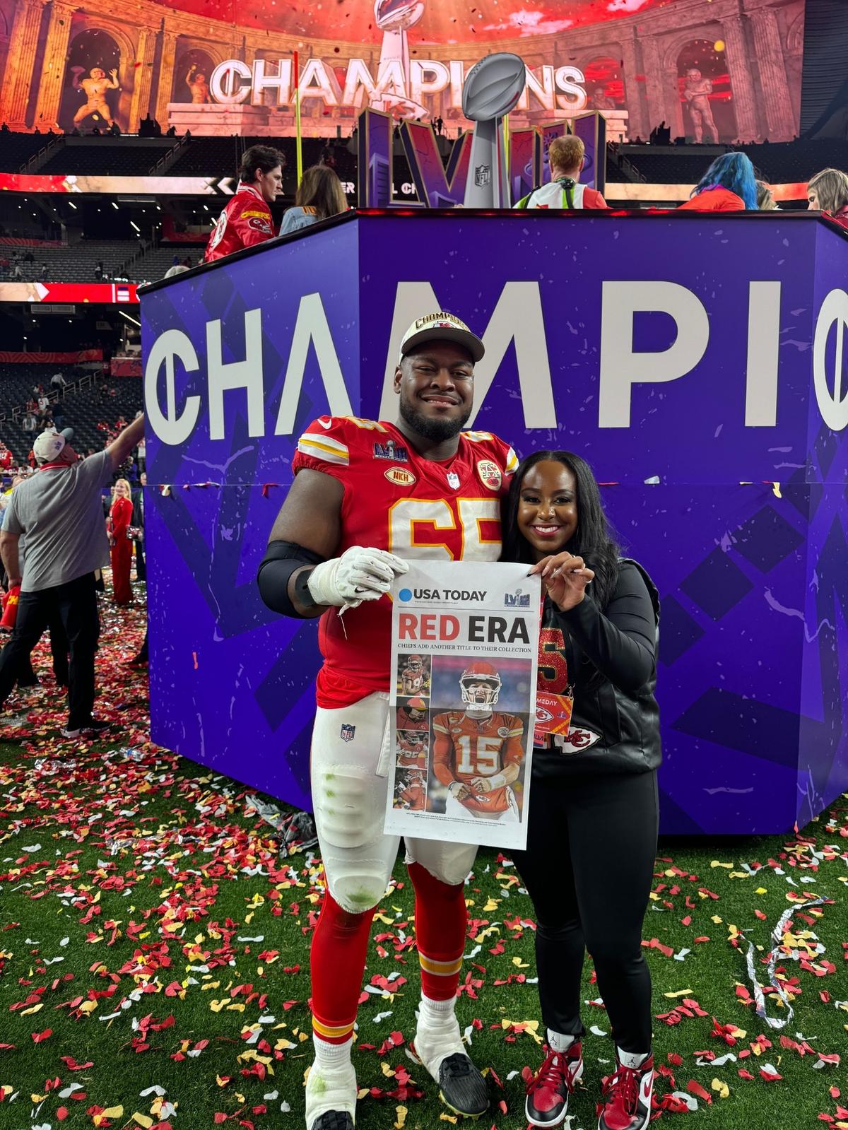 Kansas City Chiefs offensive lineman Trey Smith celebrated the Super Bowl win over the San Francisco 49ers with his sister, Ashley, who works in the NFL league office.