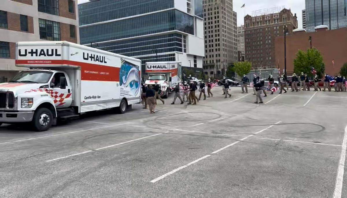 Charlie Arbuckle filmed as he confronted a group of Patriot Front marchers while they loaded up into U-Haul trucks in Kansas City on Saturday afternoon.