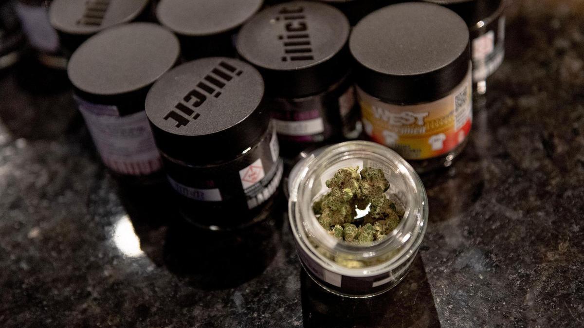 A jar containing 3.5 grams of marijuana flower is seen at Fresh Green Dispensary on Friday, Feb. 3, 2023, in Kansas City.