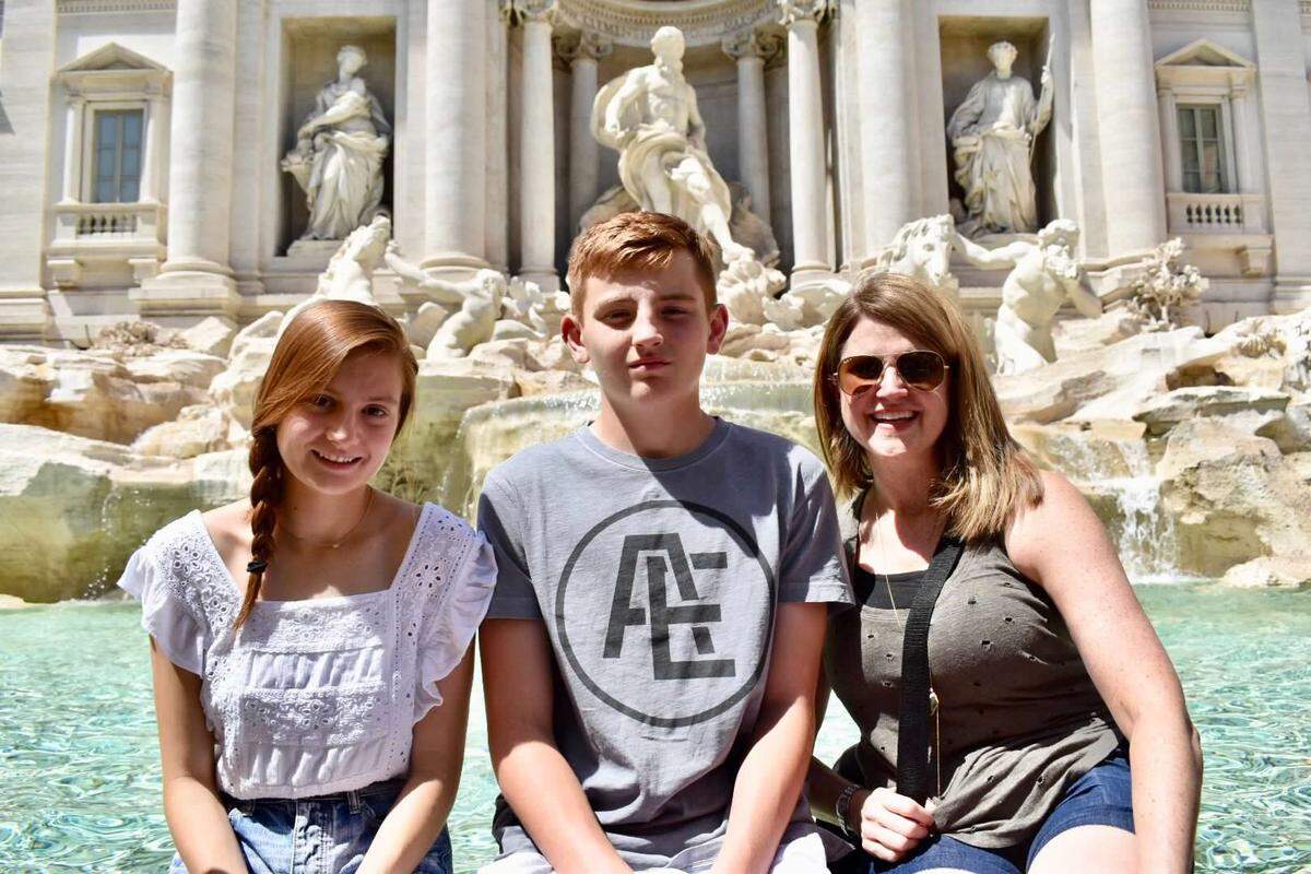 Kim, Zachary and Megan Yates in front of the Trevi Fountain in Rome, Italy. Kim Yates liked taking her kids on trips.
