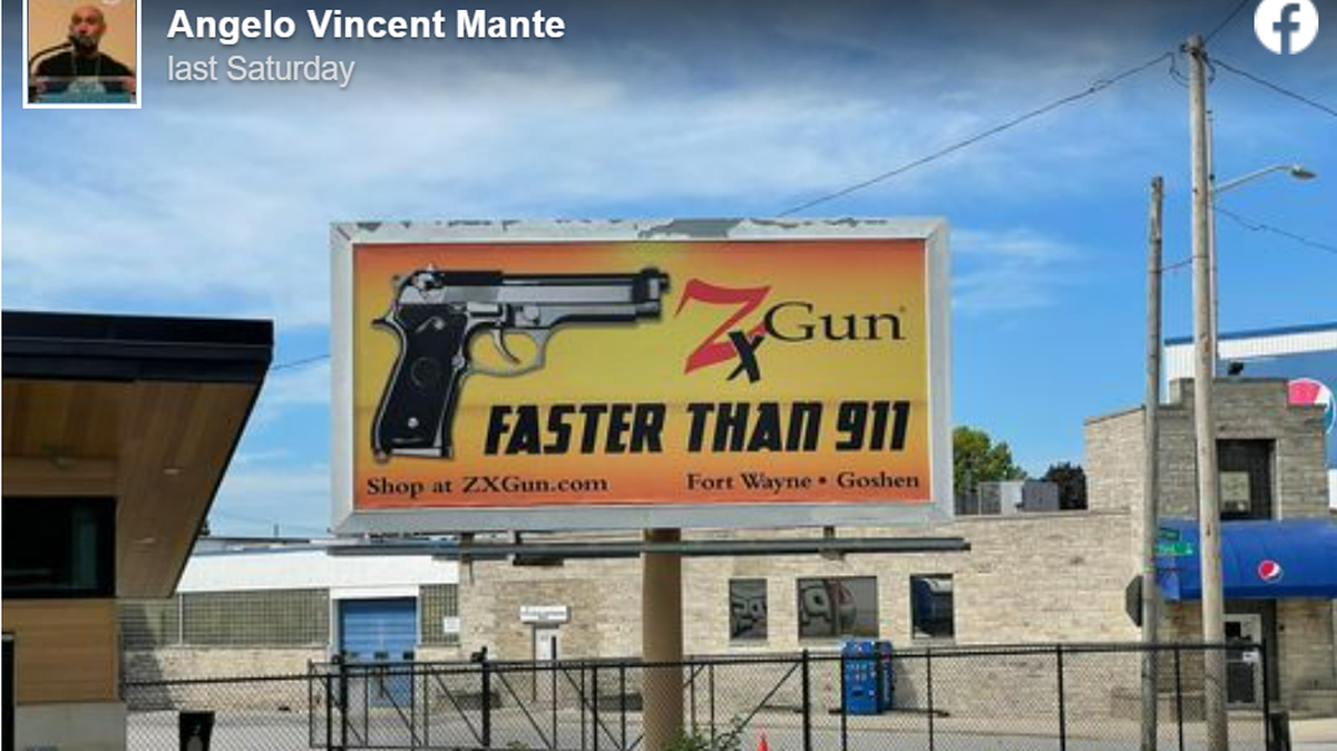 The gun store’s billboard, reading “Faster than 911,” is located near a playground and park in Fort Wayne, Indiana, drawing mixed opinions on social media.