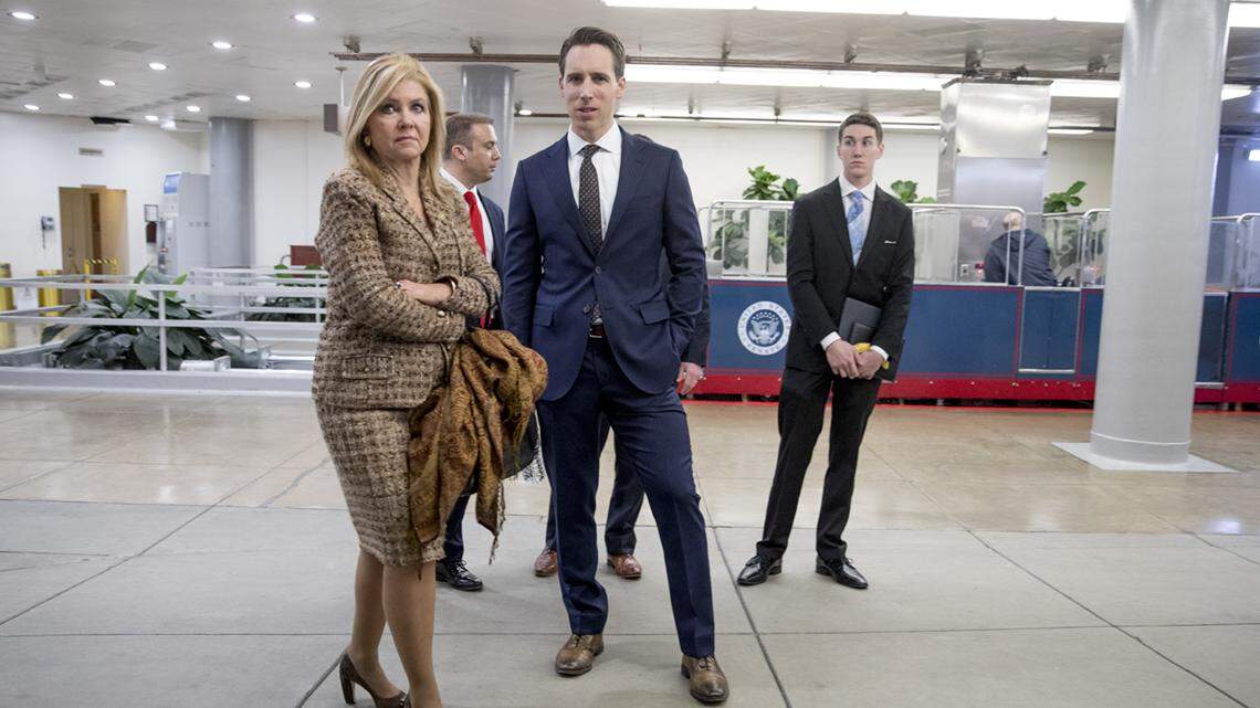 Sens. Marsha Blackburn of Tennessee and Josh Hawley of Missouri wait for a Senate subway on Capitol Hill in Washington, Wednesday, Jan. 9, 2019.