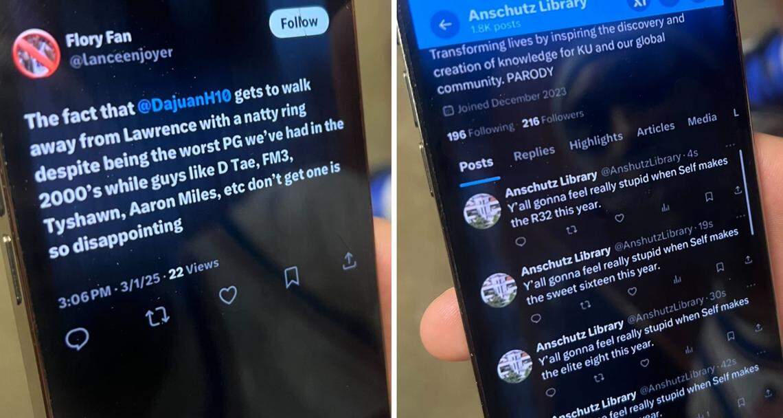Kansas Jayhawks point guard Dajuan Harris shows a reporter a few recent social media posts on his phone. Some of the communications players receive from fans are positive, but others can be downright nasty.