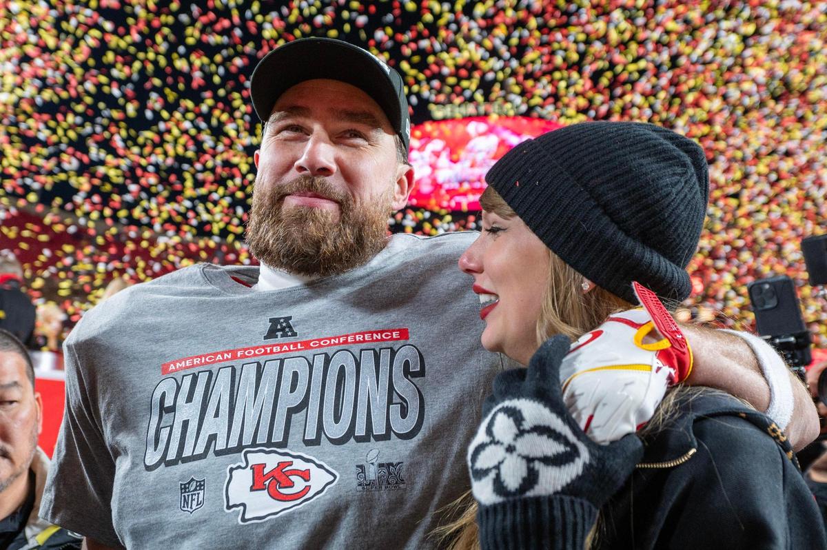 Kansas City Chiefs tight end Travis Kelce (87) and Taylor Swift walk off the field after the trophy ceremony following the Chiefs’ 32-29 victory over the Buffalo Bills in the AFC Championship Game on Sunday, Jan. 26, 2025, at GEHA Field at Arrowhead Stadium.