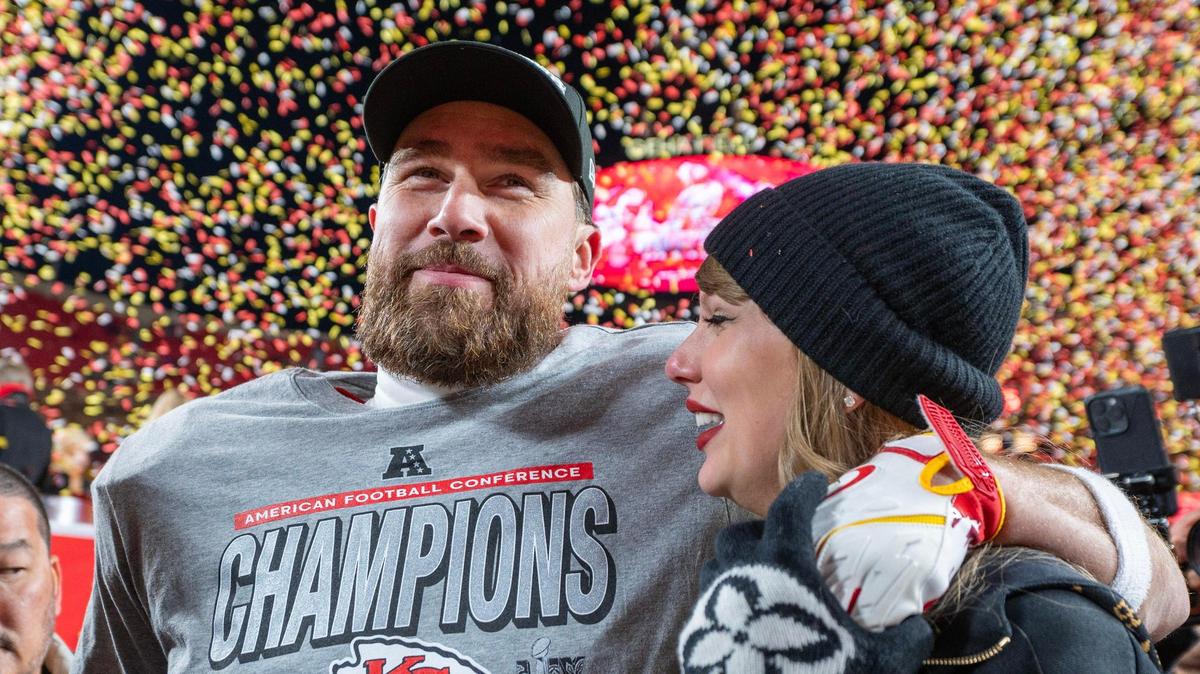 Kansas City Chiefs tight end Travis Kelce (87) and Taylor Swift walk off the field after the trophy ceremony following the Chiefs’ 32-29 victory over the Buffalo Bills in the AFC Championship Game on Sunday, Jan. 26, 2025, at GEHA Field at Arrowhead Stadium.
