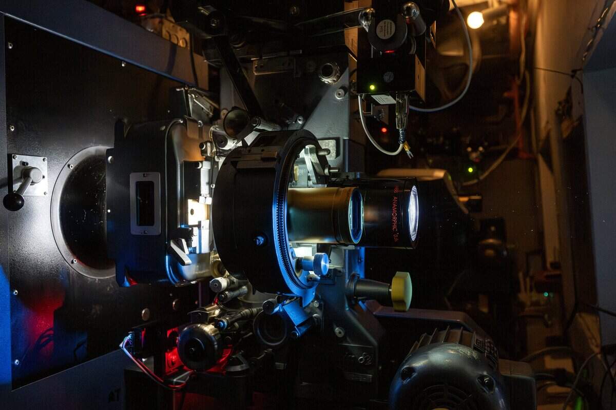 A projector screens a 70mm showing of “Sinners” at Screenland Armour Theatre on Friday, March 27, 2026, in North Kansas City.