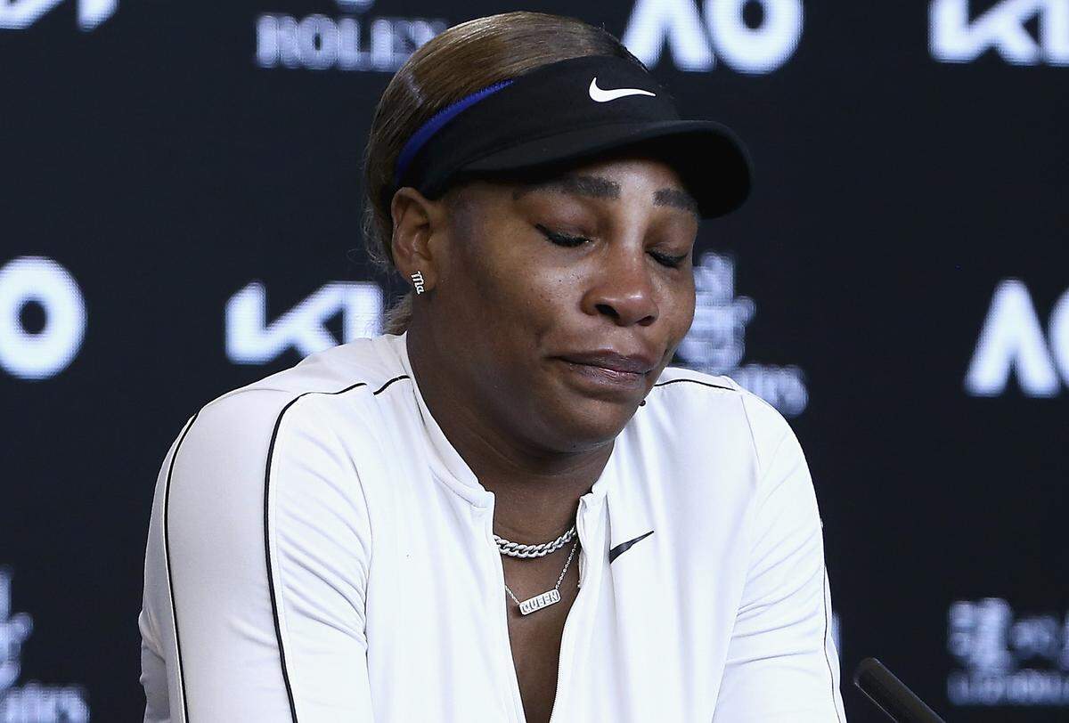 United States’ Serena Williams reacts during a press conference following her semifinal loss to Japan’s Naomi Osaka at the Australian Open tennis championship in Melbourne, Australia, Thursday, Feb. 18, 2021.(Rob Prezioso/Tennis Australia via AP)
