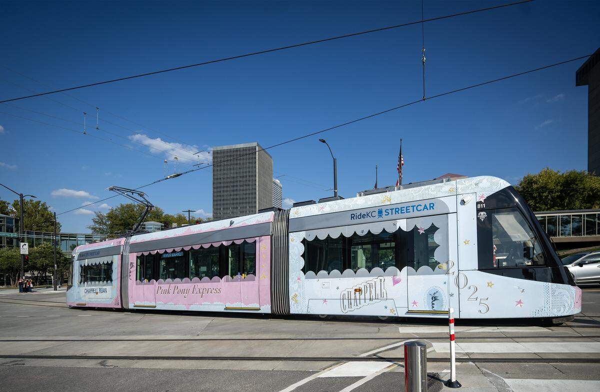 The Pink Pony Express wrapped KC Streetcar carried Chappell Roan fans on Friday, October. 3, 2025, in Kansas City.