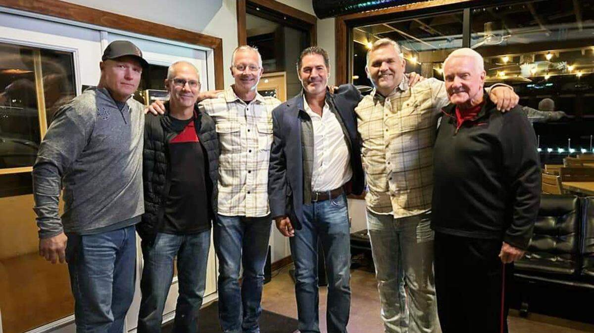 Joe Grubb, left, with former University of Central Missouri football players and coaches Jeff Floyd, Paul Glaunert, McCabe Turner, Rob Park, and Terry Noland.