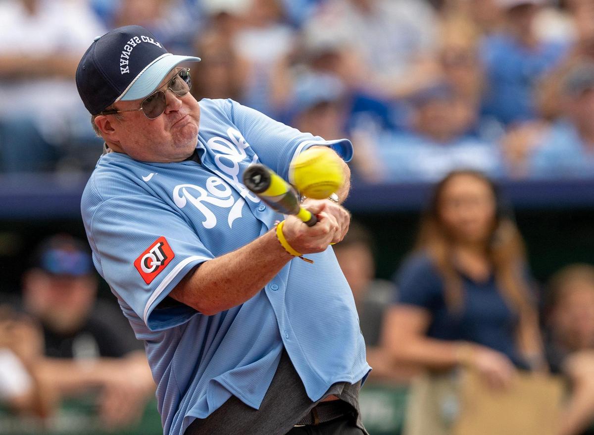 Eric Stonestreet swings during an at bat at the Big Slick Celebrity Softball game on Friday, May 30, 2025, at Kauffman Stadium in Kansas City.