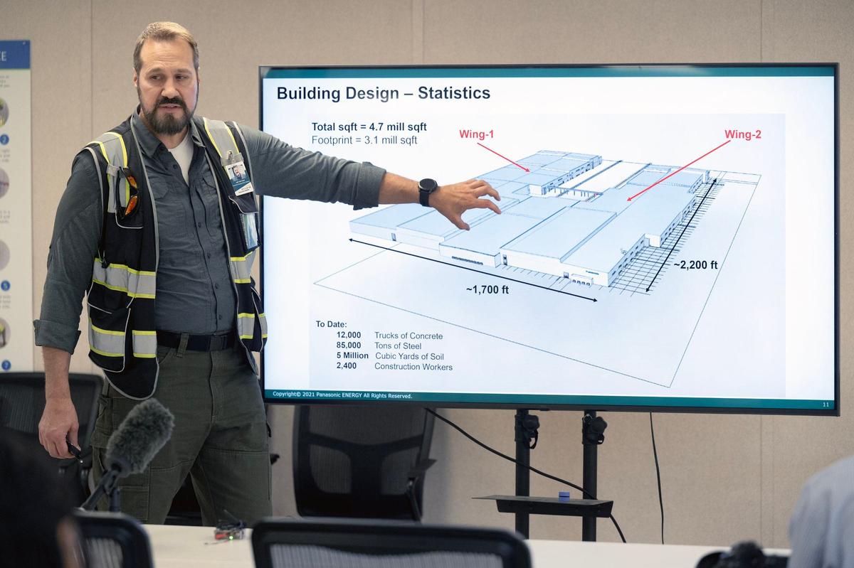 Jeff van Heel, construction executive, explains the layout of the Panasonic electric vehicle battery plant under construction in De Soto, Kansas. He spoke Thursday before a media tour of the exterior of the Panasonic facility.
