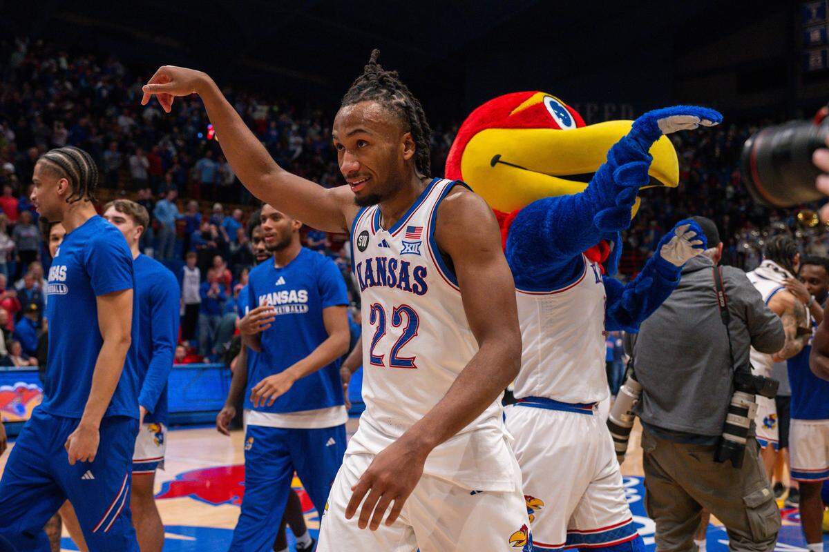 Kansas Jayhawks guard Darryn Peterson (22) celebrates with Big Jay following the Jayhawks win vs. the Houston Cougars on Monday, February 23, 2026, at Allen Fieldhouse.