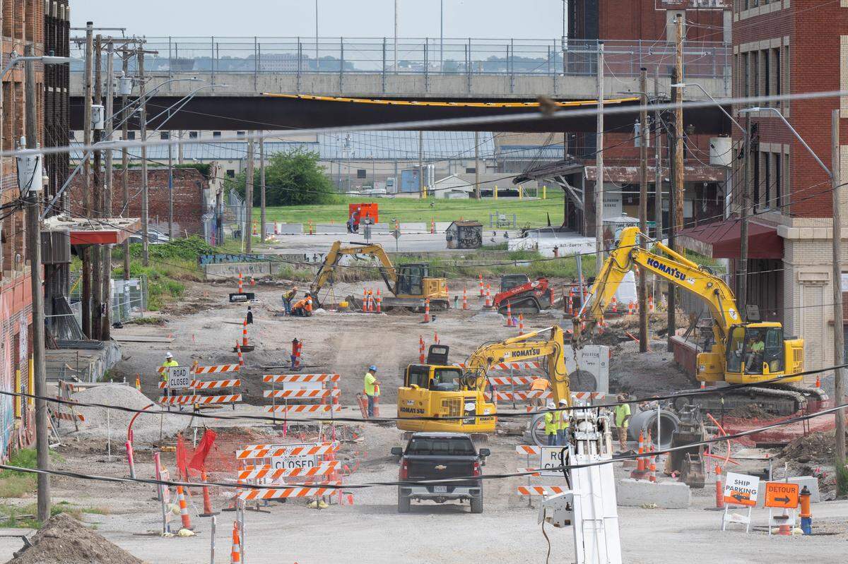 Construction crews at work in the West Bottoms near 11th and Santa Fe on Tuesday, June 2, 2026.