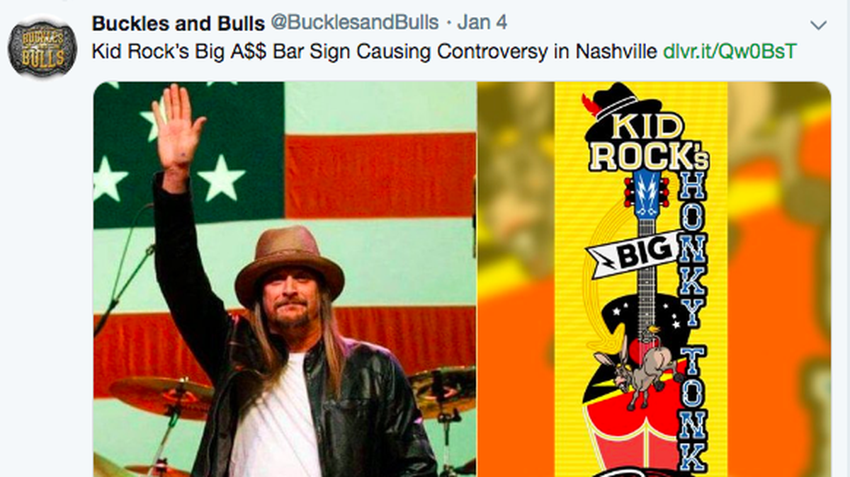 The Nashville City Council approved a 20-foot sign for Kid Rock’s Big Ass Honky Tonk Rock N’ Roll Steakhouse that some members thought was tacky. The sign features a guitar shaped like a woman’s rear. (Twitter, @BucklesandBulls)
