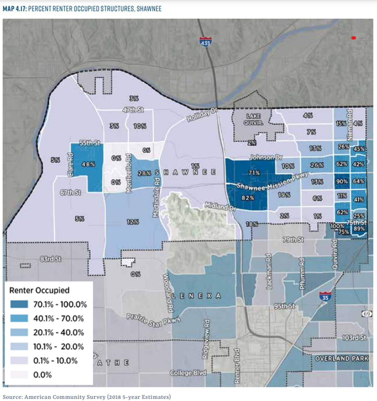 This map from the 2021 Johnson County Housing Study shows rental properties in Shawnee.