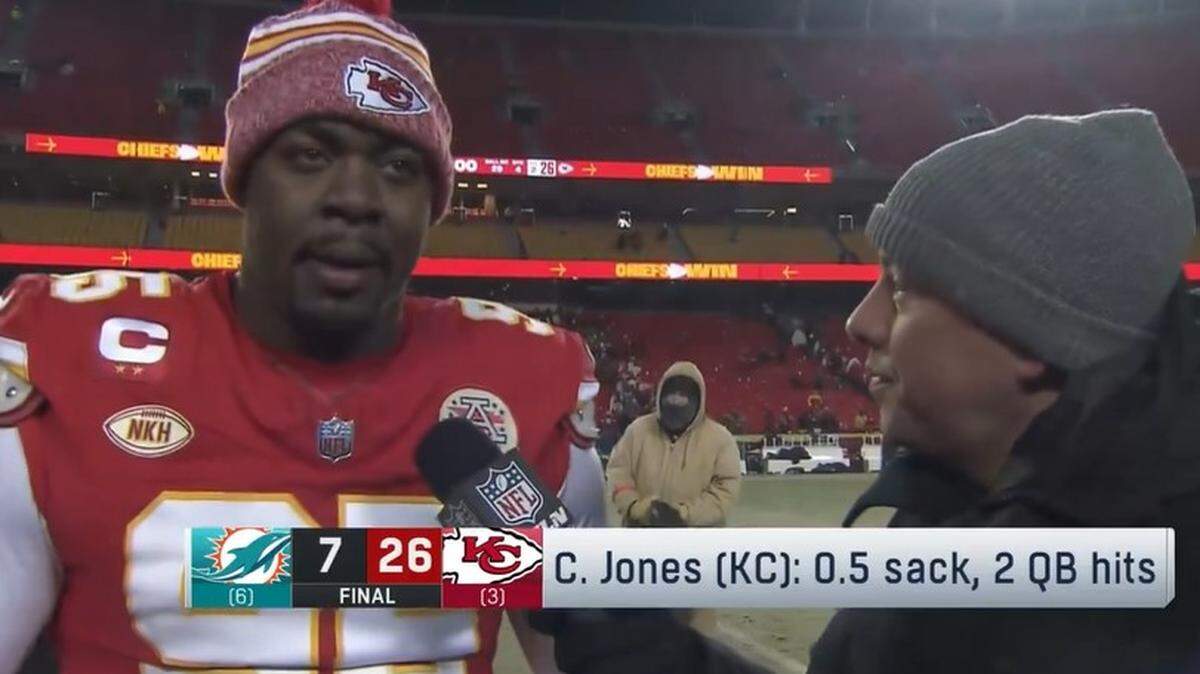 James Palmer interviewing the Chiefs’ Chris Jones after the Wild Card game win over the Dolphins.
