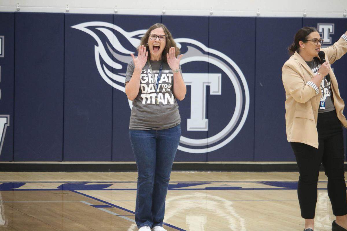 Lee’s Summit West High School teacher Jennifer Jones celebrates being named the 2025 teacher of the year for Missouri during an assembly at the school the afternoon of Sept. 12.