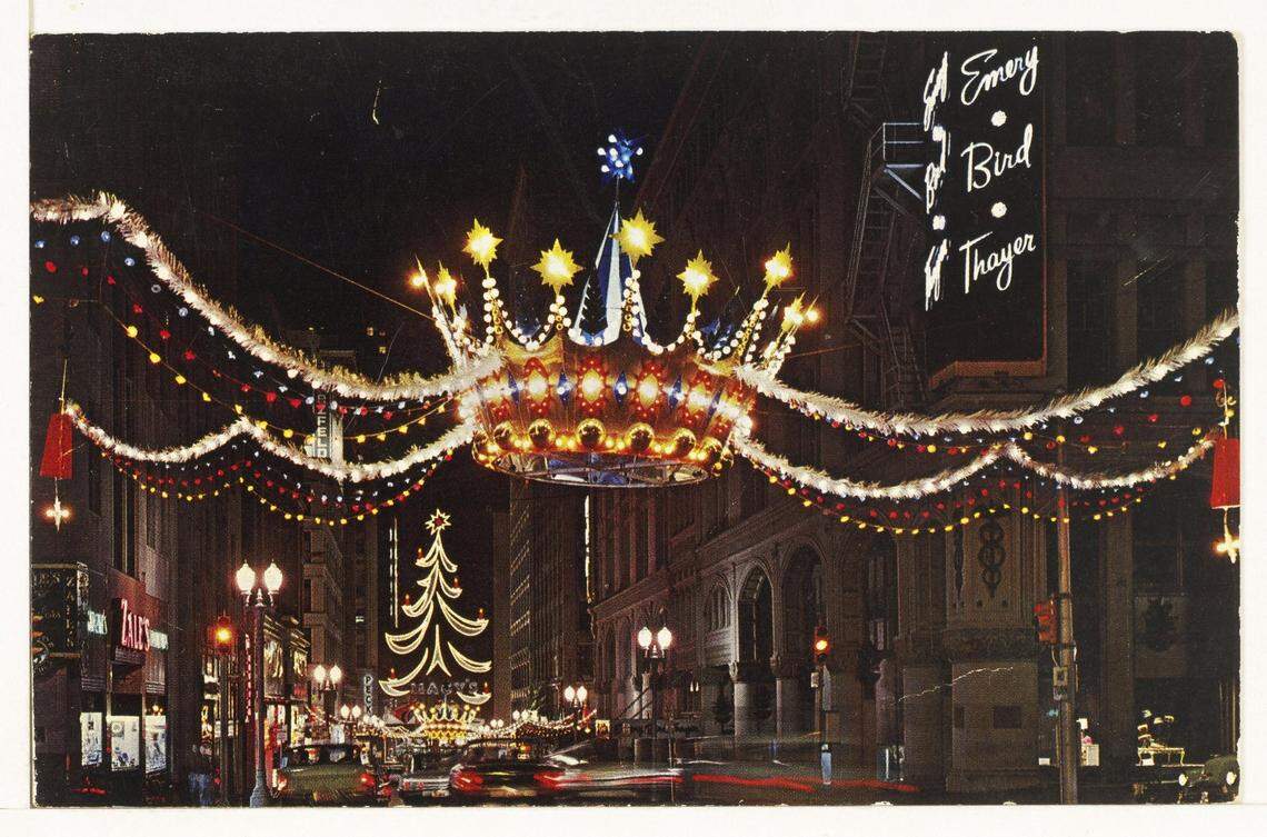 A postcard from the 1960s shows a downtown Christmas crown near the Emery, Bird, Thayer department store. Both the downtown crowns and the store are long gone.