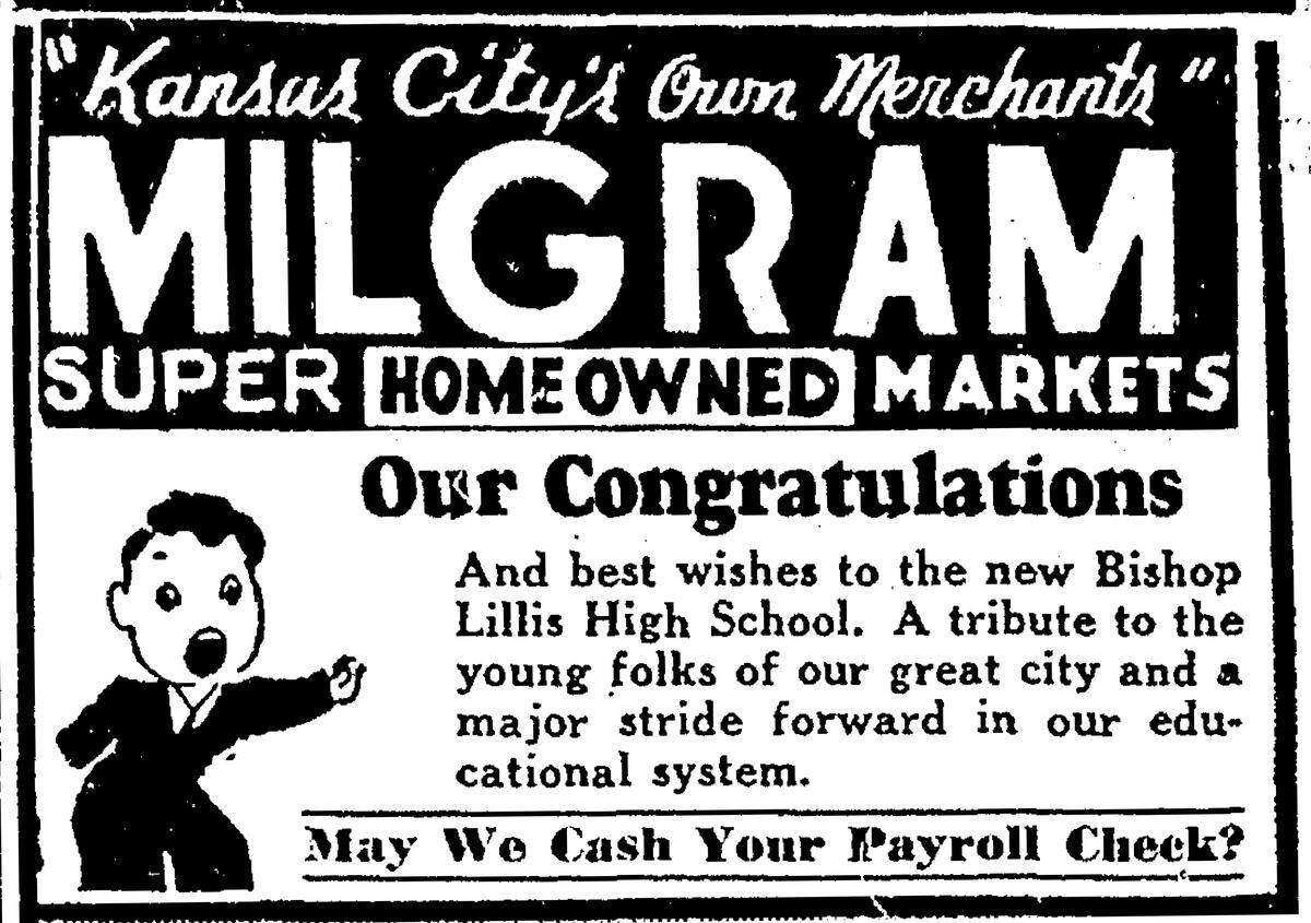Milgram ad in the April 15, 1941, Kansas City Times recognizing the opening of Bishop Lillis High School.