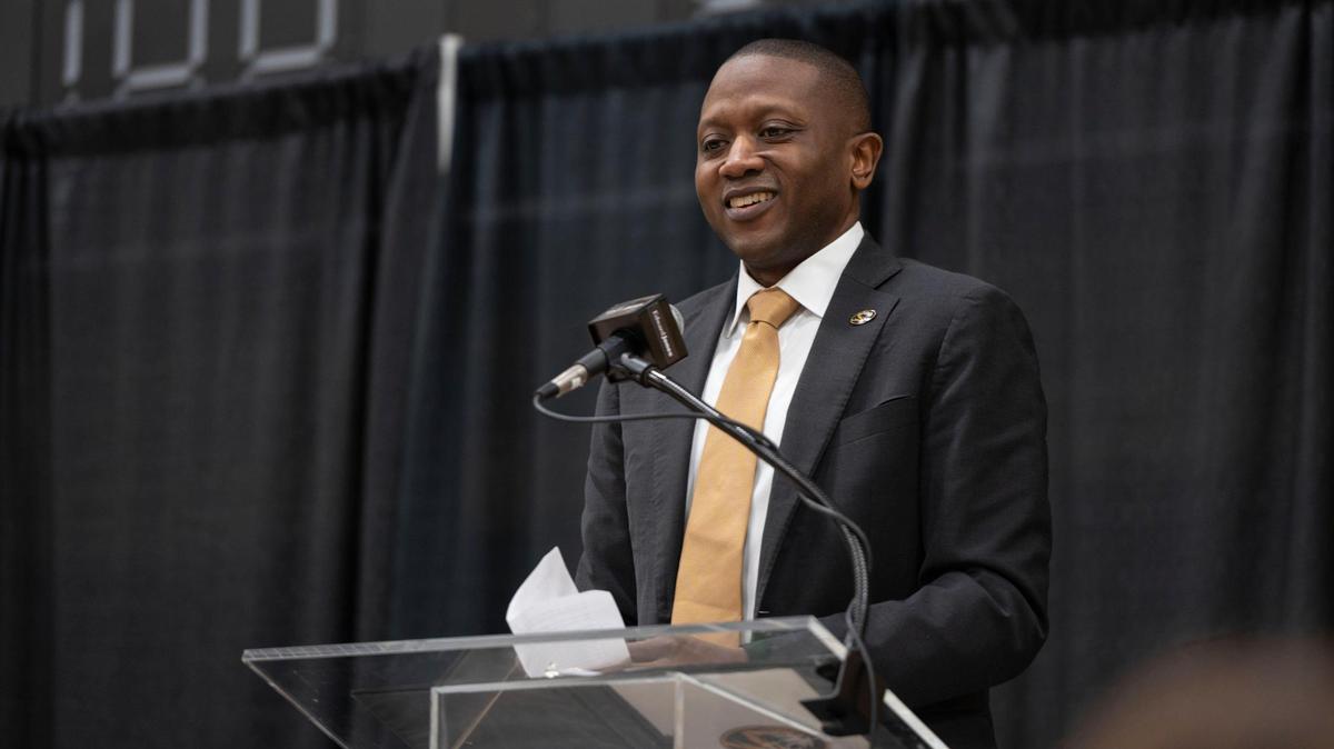 Newly hired Missouri Tigers men’s basketball coach Dennis Gates speaks during a Tuesday news conference at Mizzou Arena.