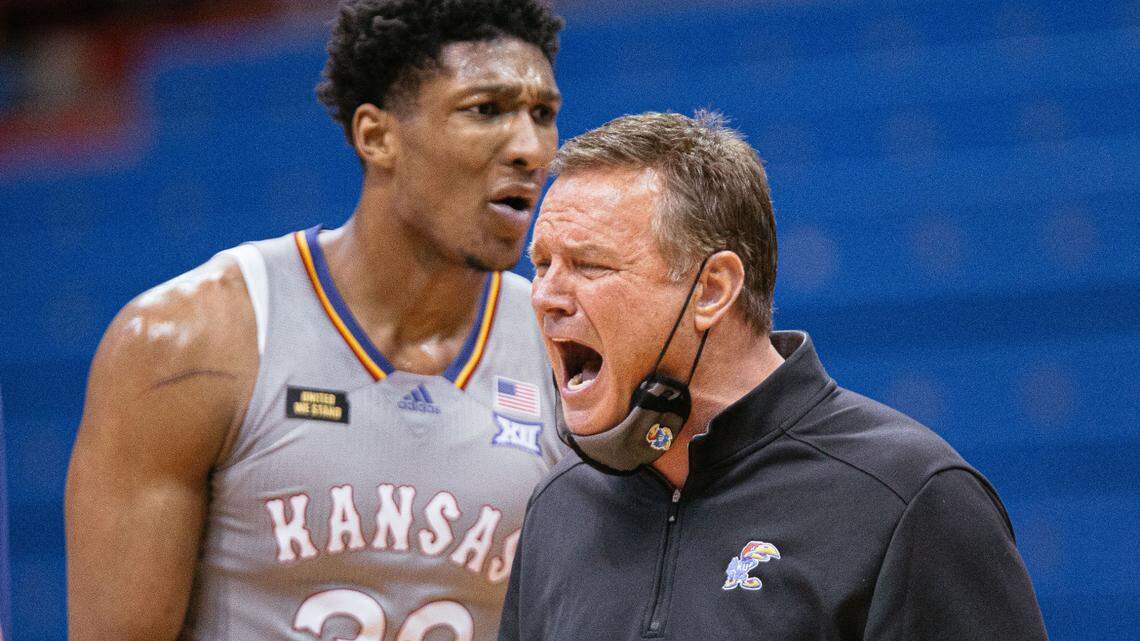 Kansas coach Bill Self yells during the Jayhawks’ 67-62 men’s basketball victory over UTEP on March 4, 2021 at Allen Fieldhouse in Lawrence.