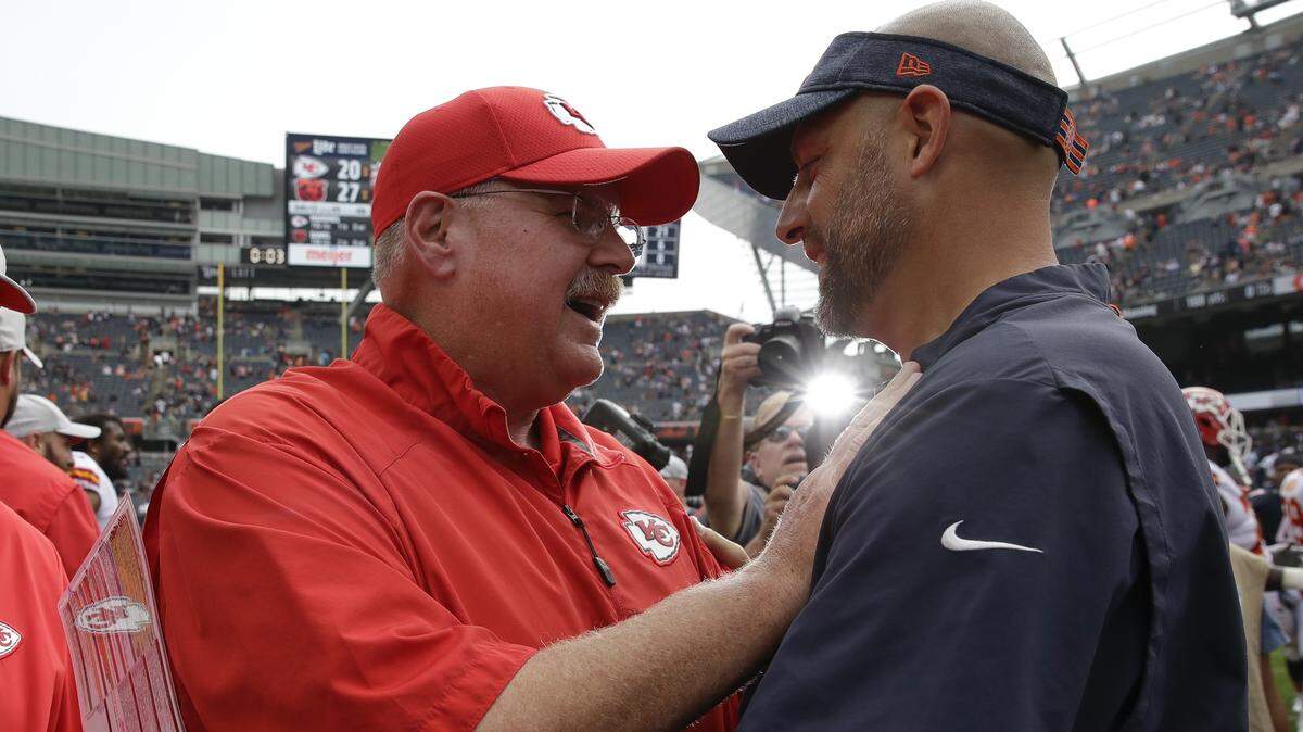 Chiefs coach Andy Reid, left, shares a moment with former pupil Matt Nagy, now coach of the Chicago Bears, after a 2018 game at Soldier Field.