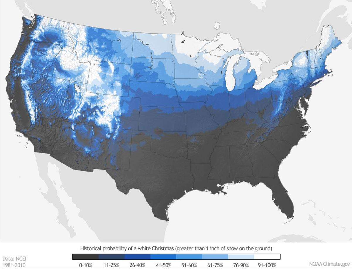 What are your chances of seeing a white Christmas for 2019? This map shows the probability based on 30 years of data.